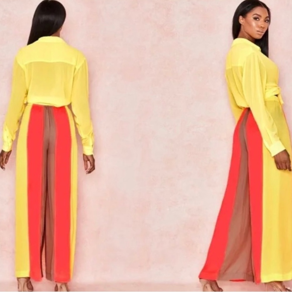 House Of CB Margot Yellow Colour Block Wide Leg Trousers